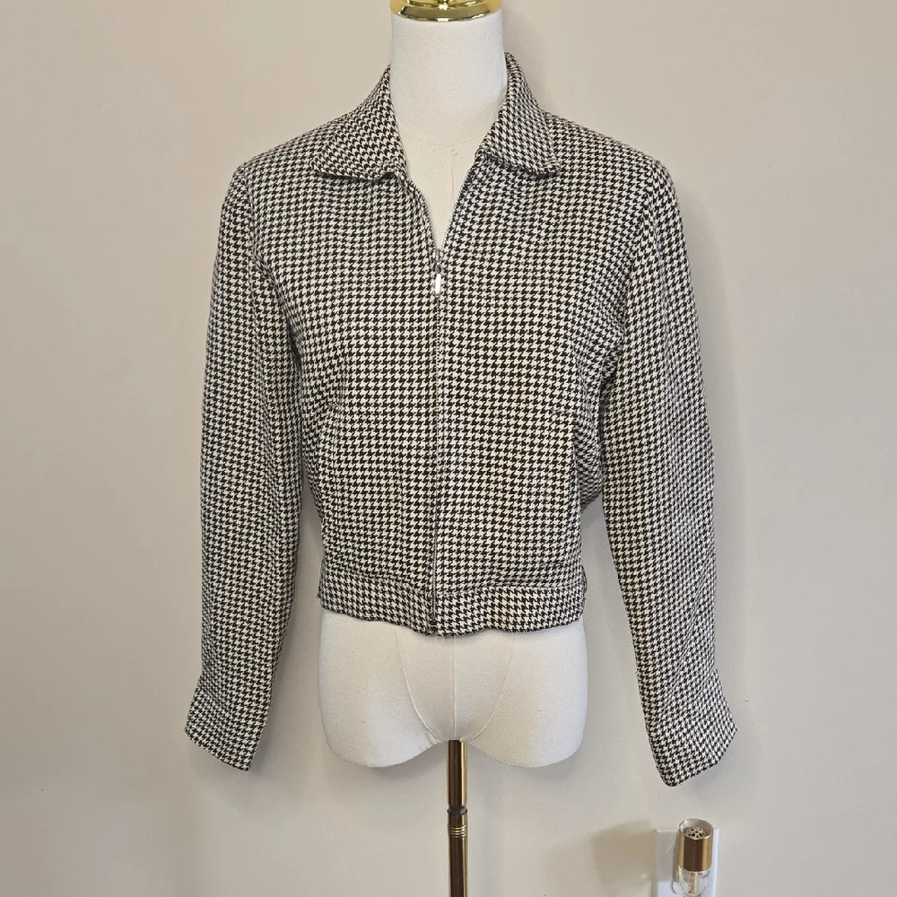 Vintage Express Brown Cream Houndstooth Cropped Tailored Jacket 90s Y2K Academia - Picture 2 of 7